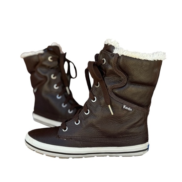 Leather Lace up Boots Sneakers High-top Size 7.5 Faux Fur Lining Keds - Picture 2 of 8